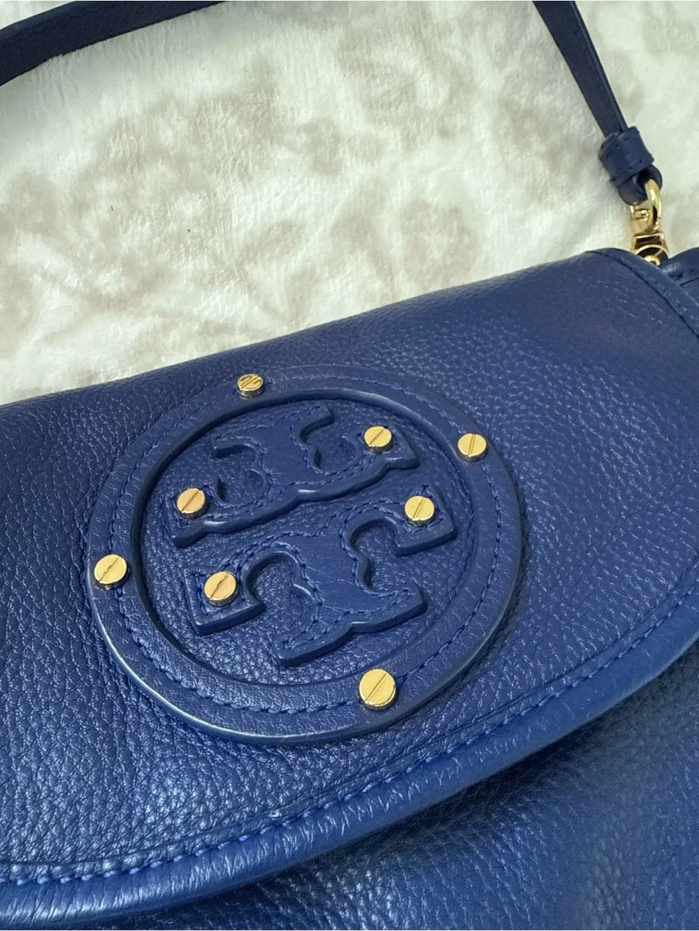 Tory Burch Amanda Flap Crossbody Bag Navy Blue Pebbled Leather
